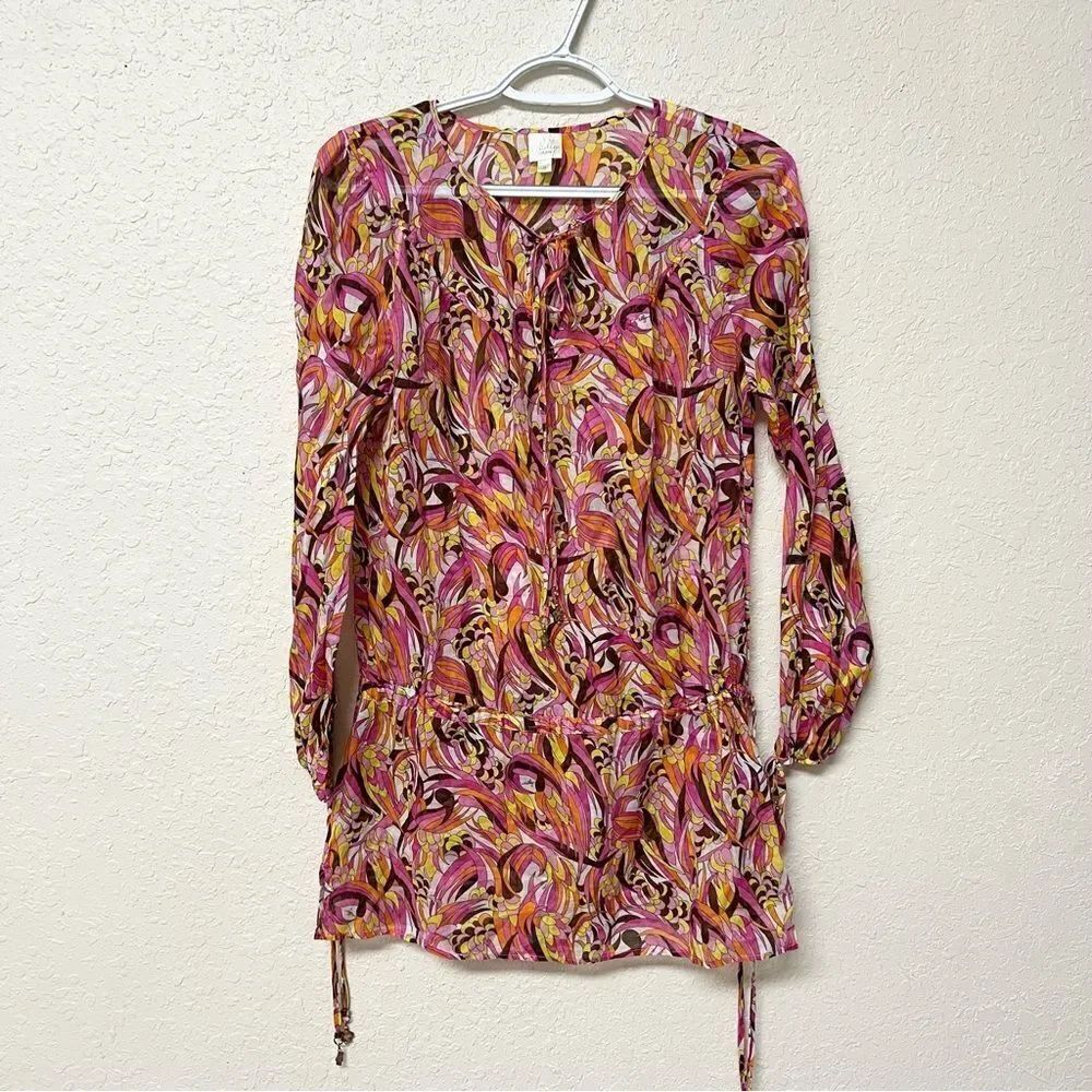 Milly Cabana Womens Cotton Colorful 70's Style Sheer Tie Cover Up Tunic Top Sz M
